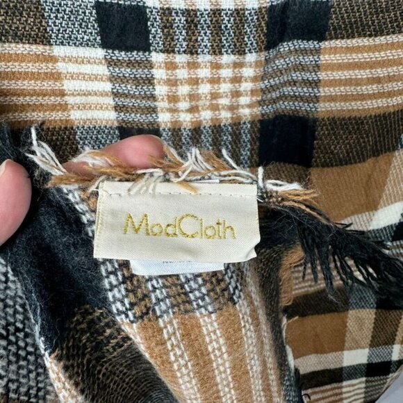 Modcloth Plaid Blanket Scarf Neutral Fall Autumn Rustic Camel Black White - Picture 8 of 9